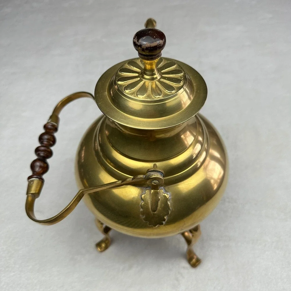 Vintage 70s Brass Teapot with Wooden Handle and‎ Stand Decorative Kettle